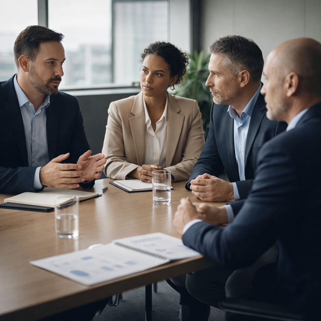 Leadership team discussing software architecture decisions in a modern office setting.